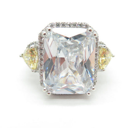 925 Sterling Silver White & Canary C Z Statement Ring Size 7.75