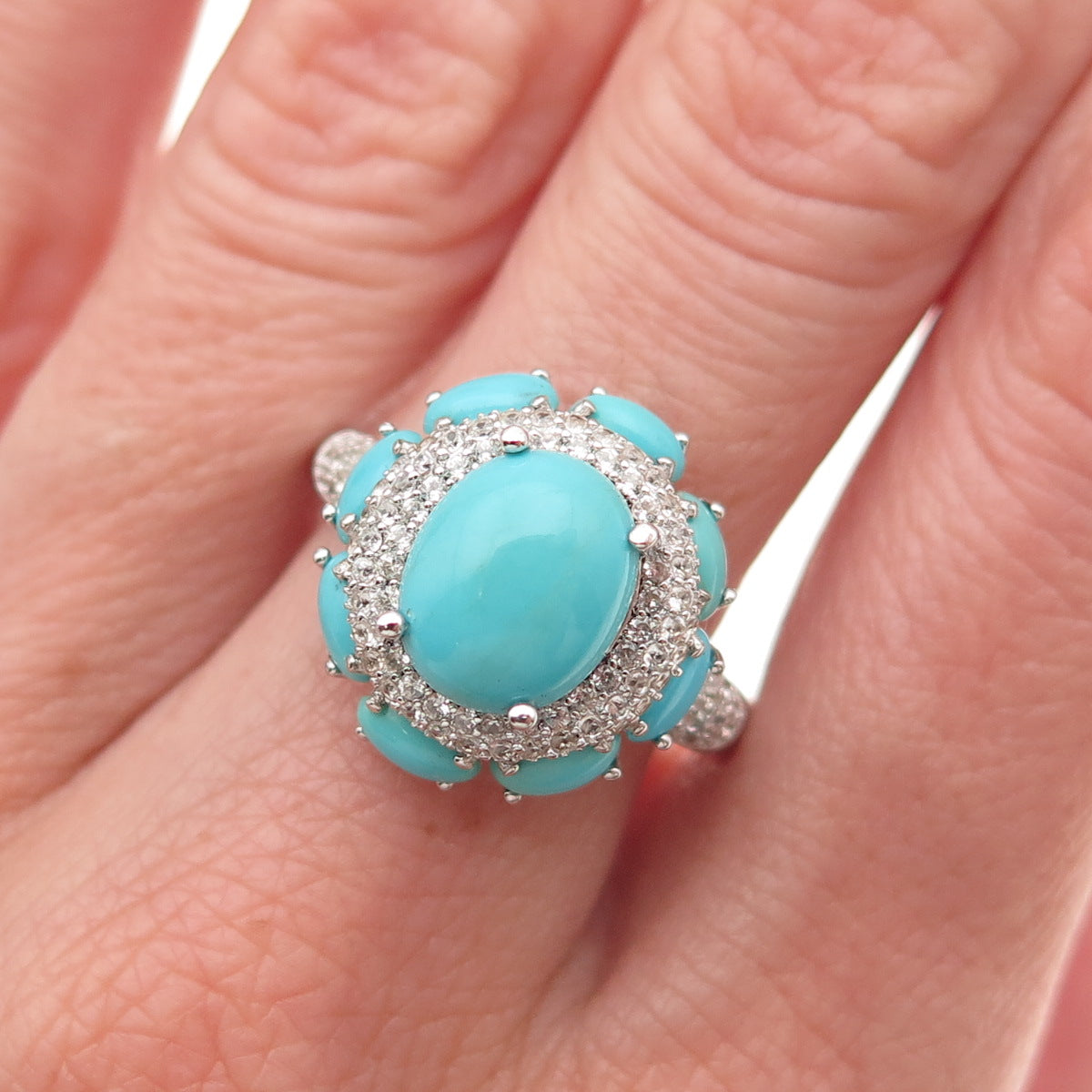 925 Sterling Silver Real Tyrone Turquoise & White Topaz Floral Ring Size 8.25