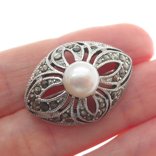 JACKSON HOLE 925 Sterling Silver Vintage Real Pearl Marcasite Flower Pin Brooch