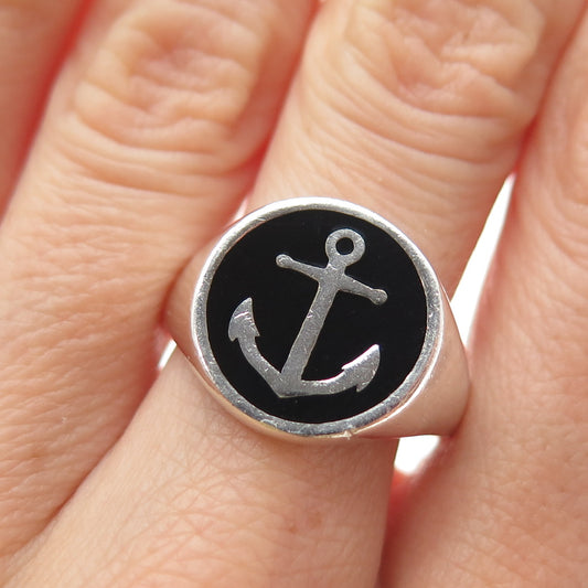 925 Sterling Silver Vintage Black Enamel Anchor Signet Ring Size 9