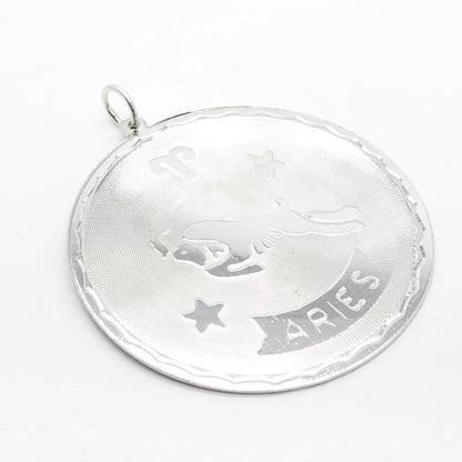 925 Sterling Silver Vintage Aries Zodiac Sign Round Pendant