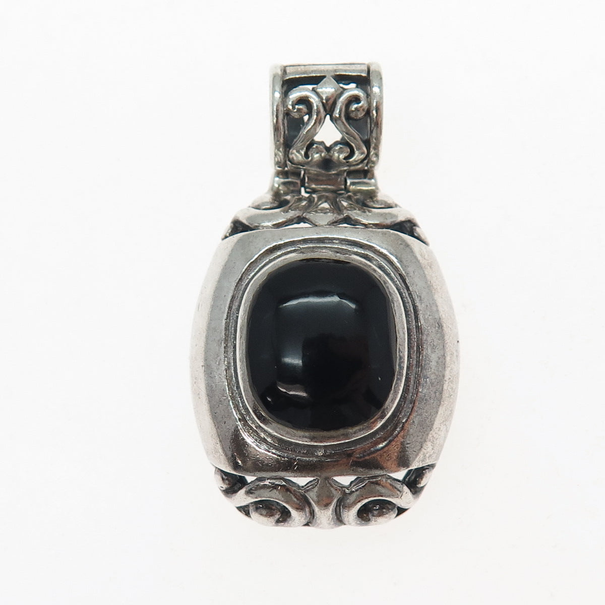 925 Sterling Silver Vintage Real Black Onyx Ornate Oxidized Charm Pendant