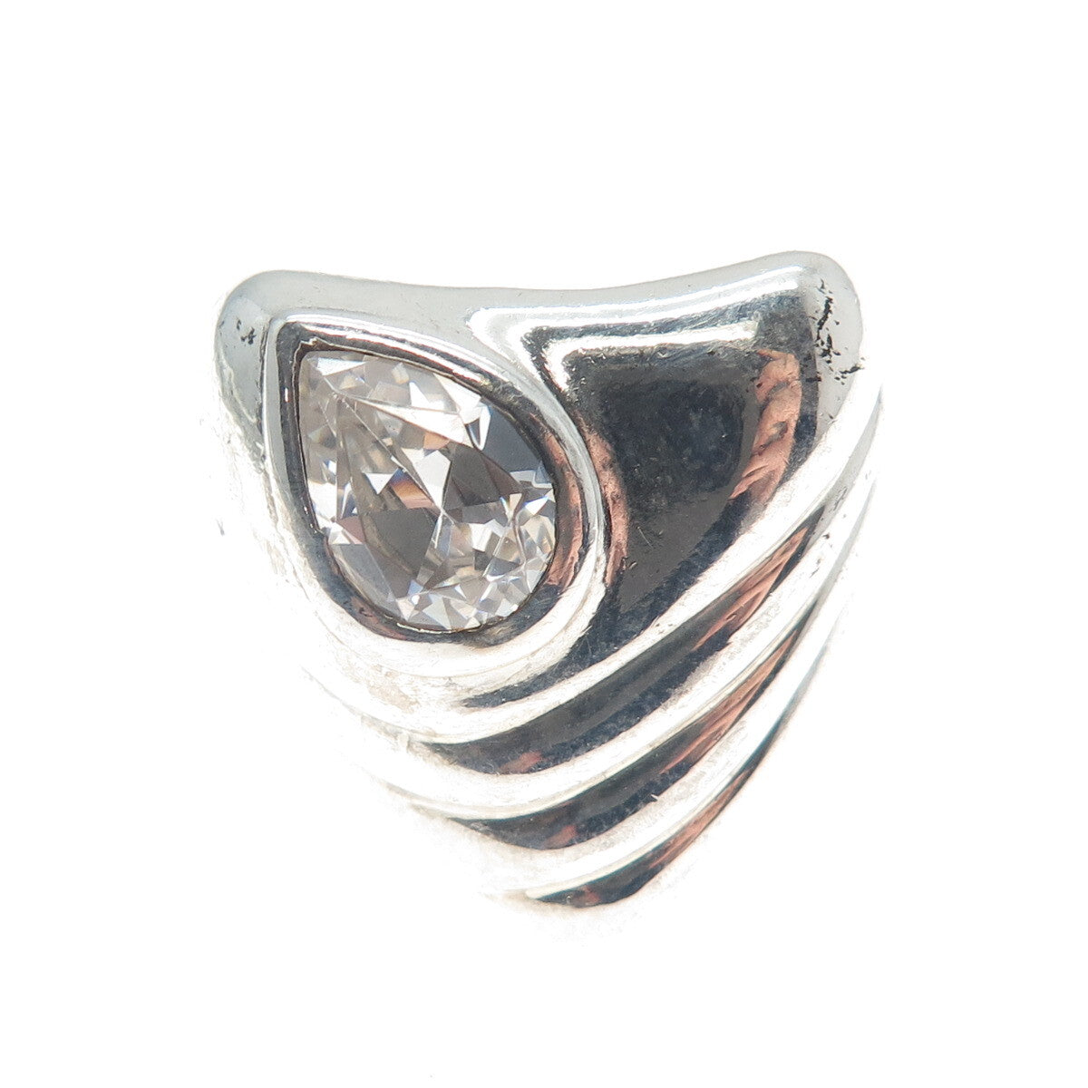 925 Sterling Silver Vintage Pear-Cut Shaped C Z Ribbed Modernist Ring Size 9