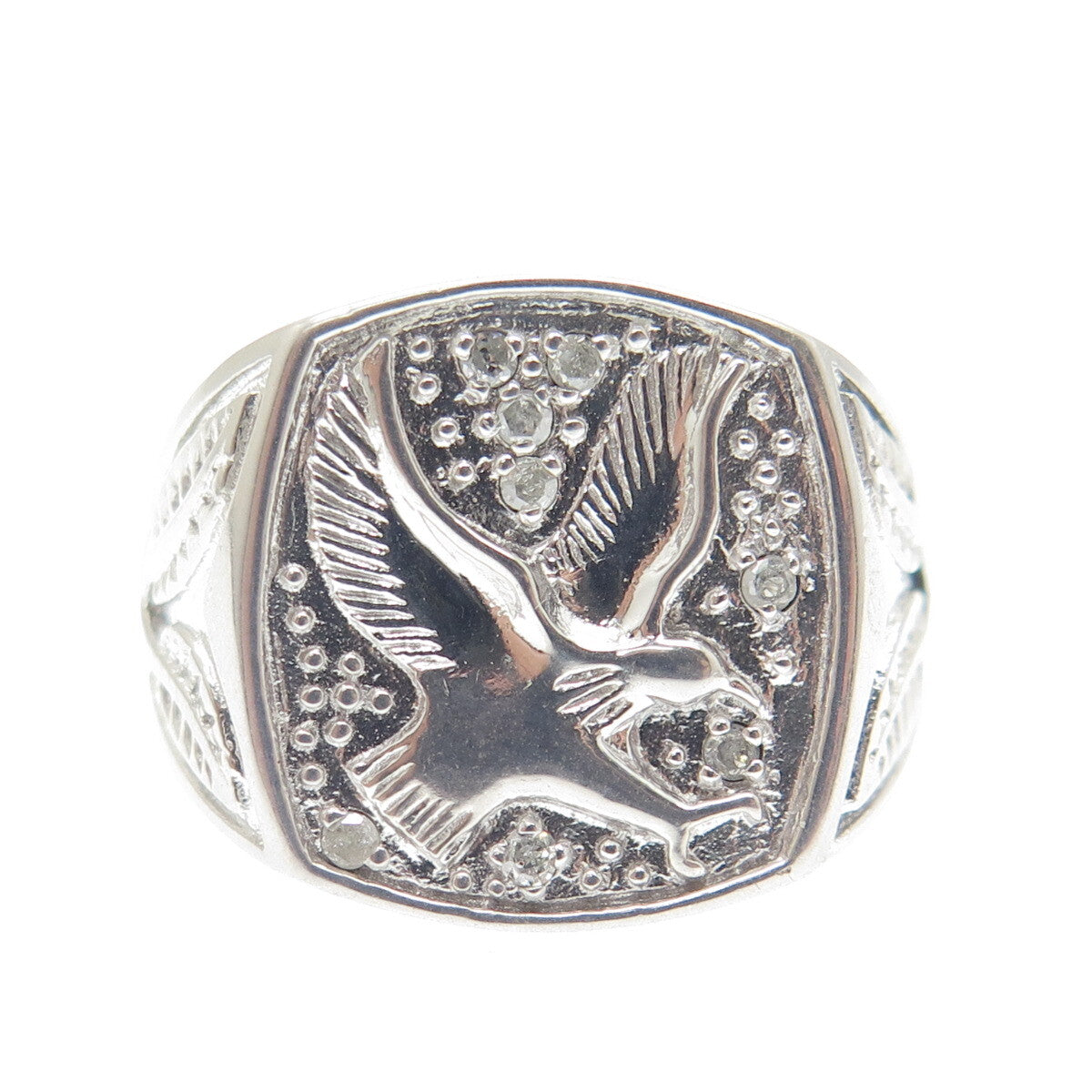 925 Sterling Silver Real Round-Cut Diamond Eagle Signet Ring Size 10.25