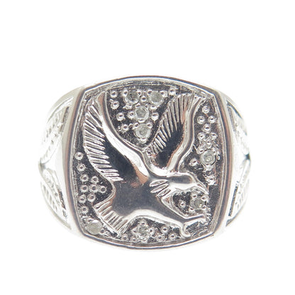 925 Sterling Silver Real Round-Cut Diamond Eagle Signet Ring Size 10.25