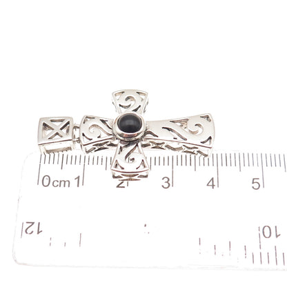 925 Sterling Silver Vintage Real Black Onyx Spiral Cross Charm Pendant