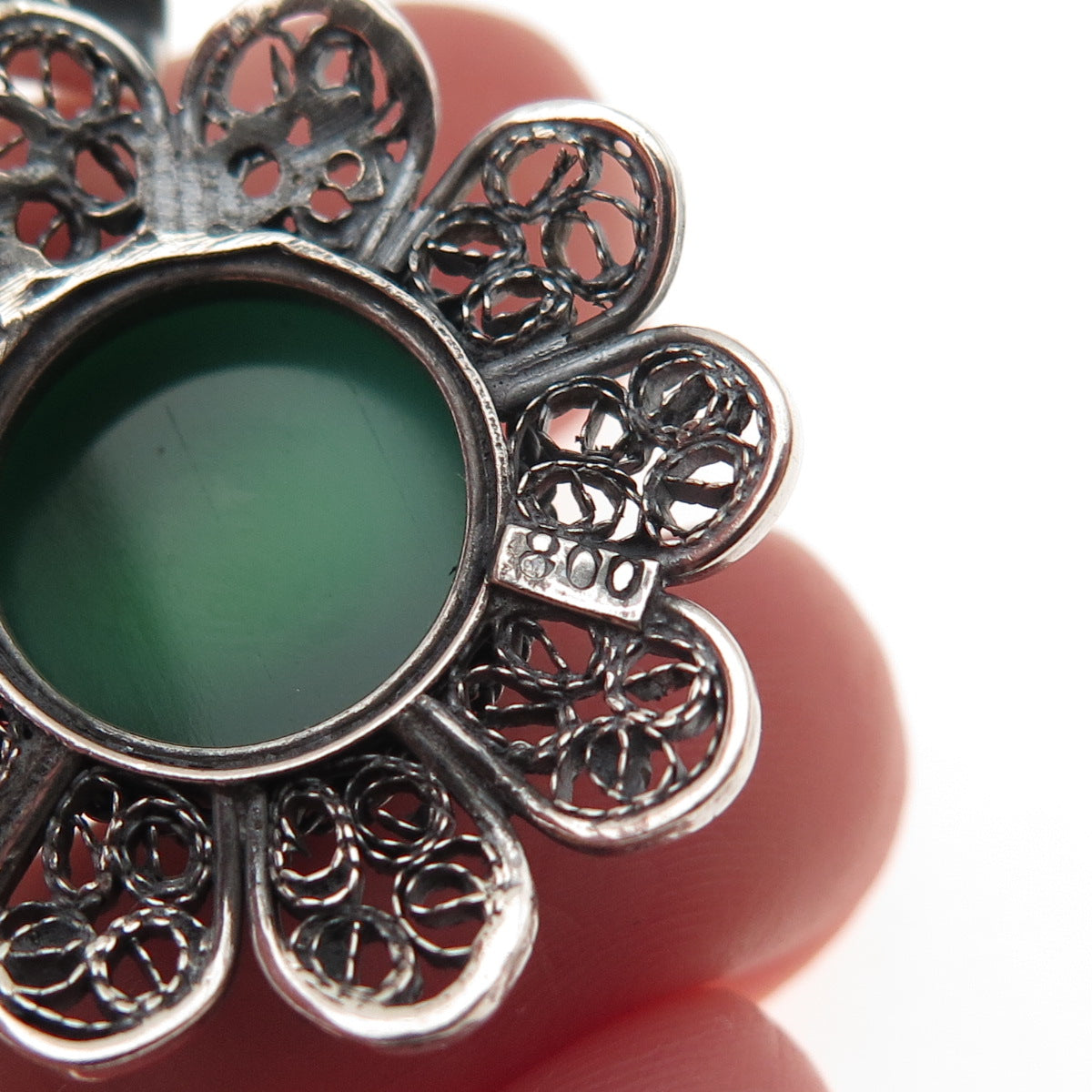 800 Silver Vintage Real Green Onyx Floral Filigree Oxidized Charm Pendant