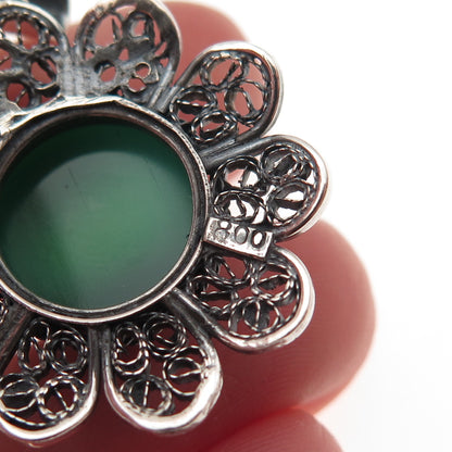 800 Silver Vintage Real Green Onyx Floral Filigree Oxidized Charm Pendant