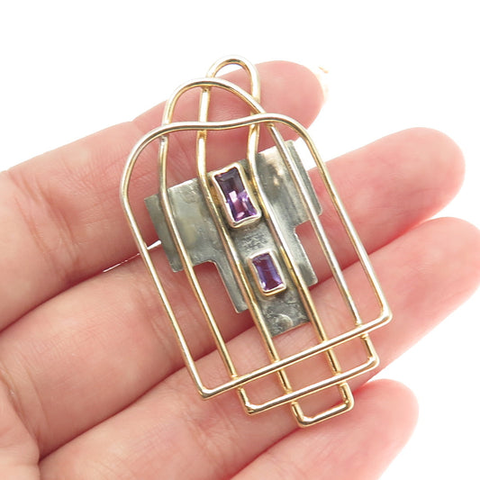 YES SILVER JEWELRY 925 Sterling Silver 2-Tone Vintage Amethyst Modernist Pendant