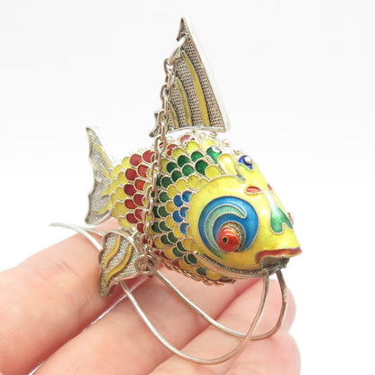 925 Sterling Silver Antique Enamel Chinese Koi Fish Articulated Chatelaine Fob