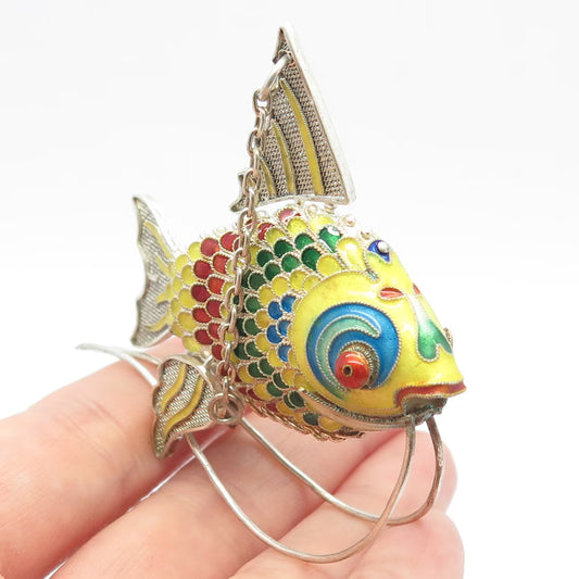 925 Sterling Silver Antique Enamel Chinese Koi Fish Articulated Chatelaine Fob