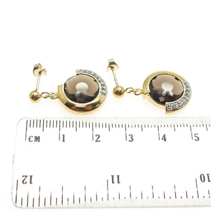 925 Sterling Silver Gold Plated Real Smoky Quartz & C Z Crescent Dangle Earrings
