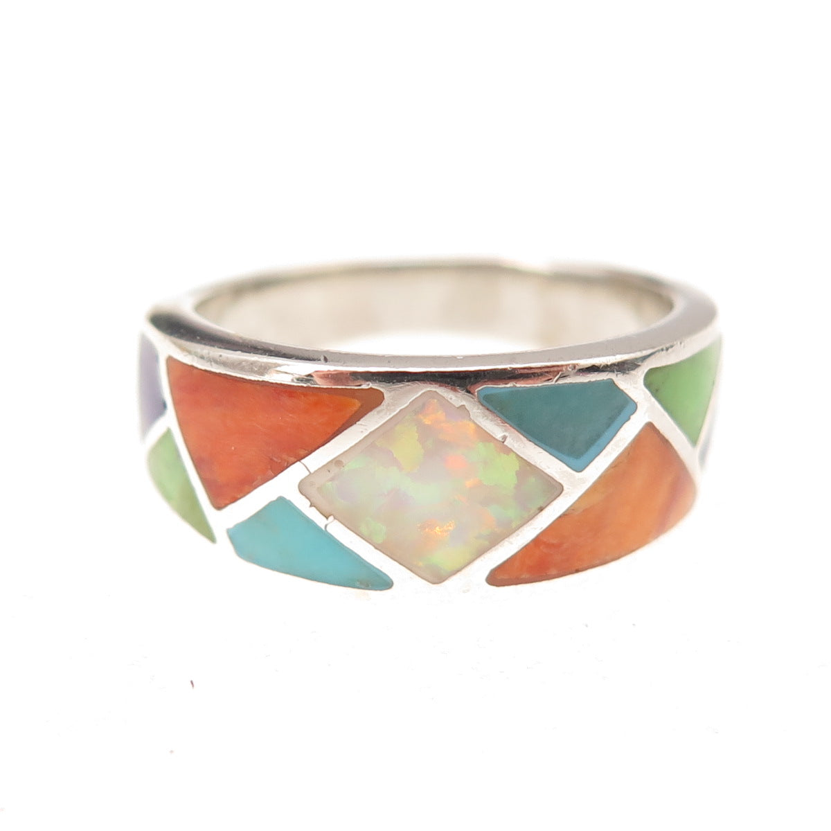 925 Sterling Silver Vintage Real Opal Turquoise Spiny Oyster & Lapis Ring Size 6