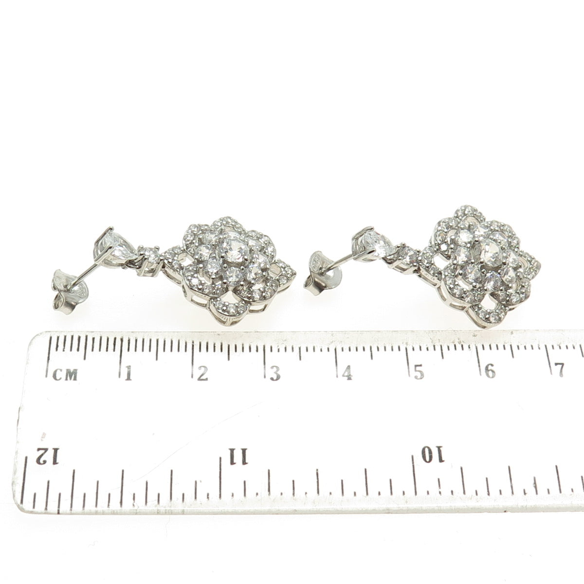 925 Sterling Silver Pear & Round-Cut Shaped C Z Dangle Earrings