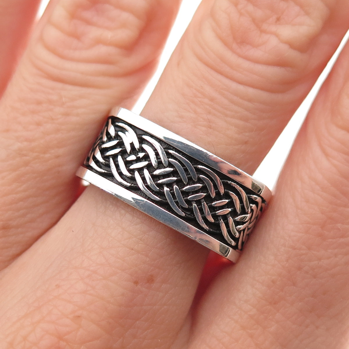 925 Sterling Silver Vintage Braided Oxidized Square Band Ring Size 10.5