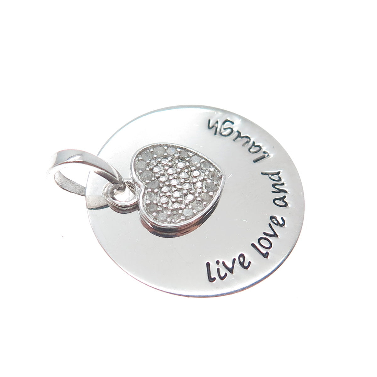 HAN 925 Sterling Silver Real Diamond Live Love And Laugh Heart Tag Pendant