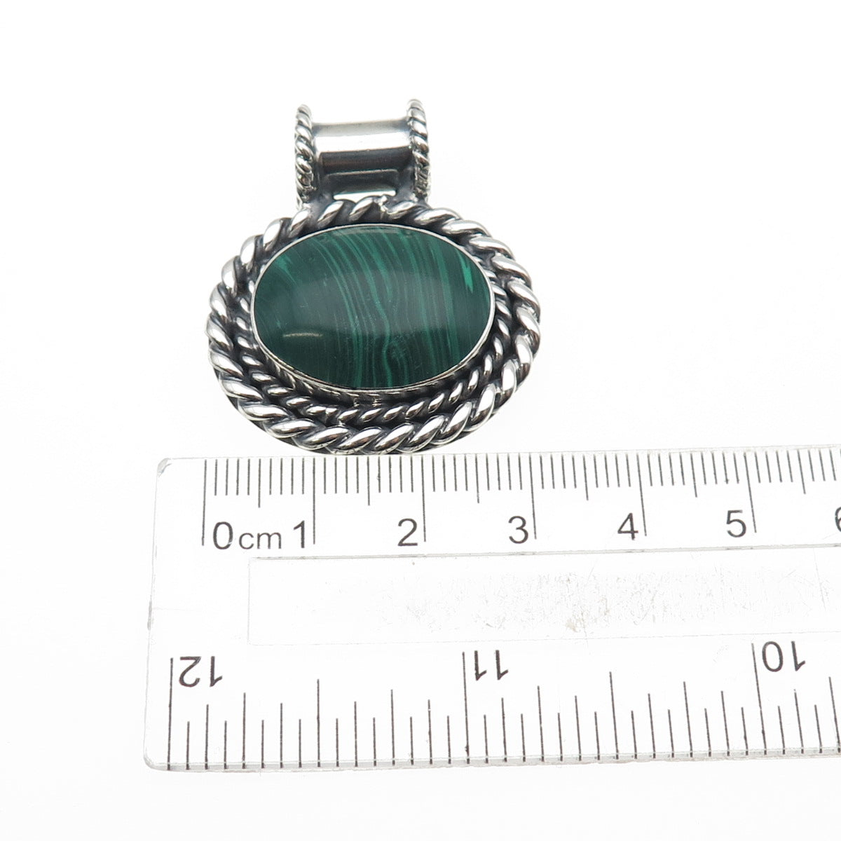 925 Sterling Silver Vintage Mexico Real Malachite Oxidized Slide Pendant