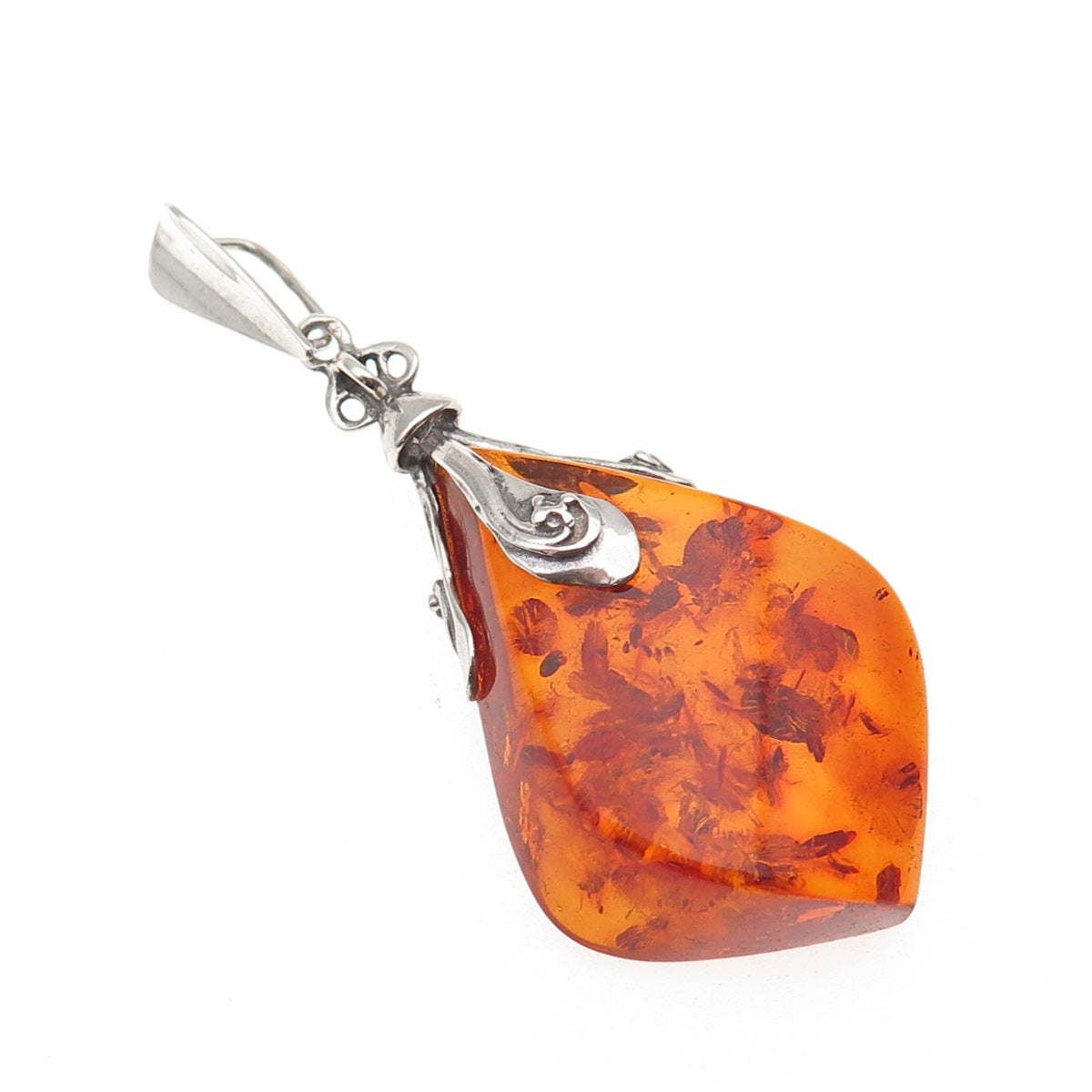 925 Sterling Silver Vintage BK Poland Real Amber Modernist Oxidized Pendant