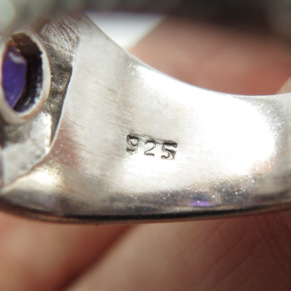 925 Sterling Silver Vintage Real Round-Cut Amethyst Modernist Ring Size 8.25