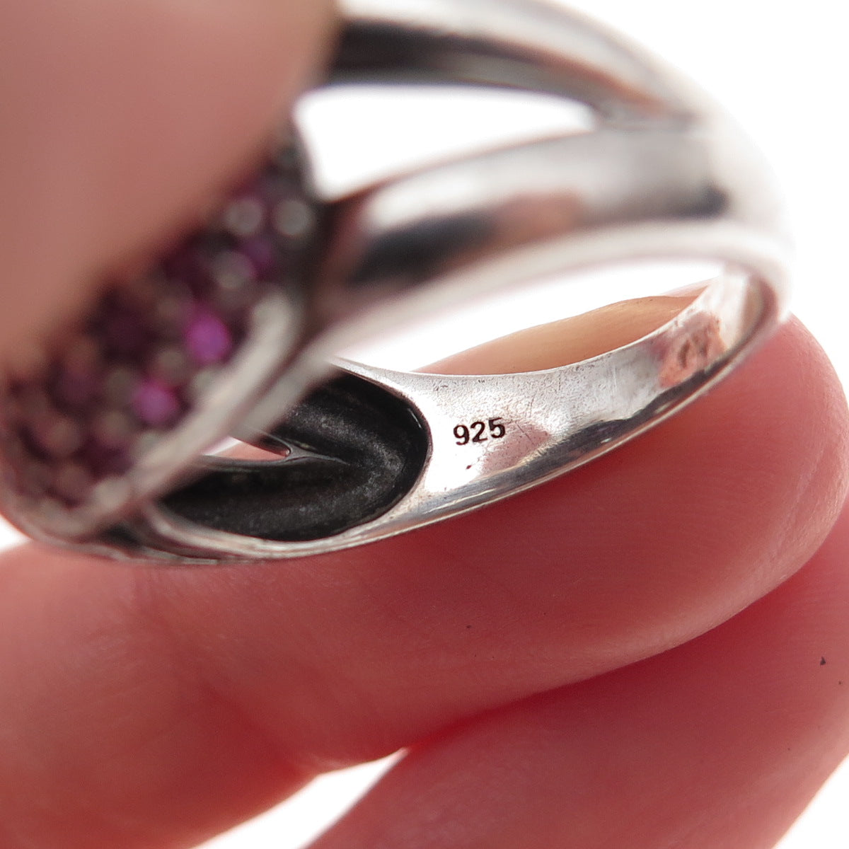 925 Sterling Silver Vintage Real Round-Cut Ruby Interlocked Ring Size 8.25