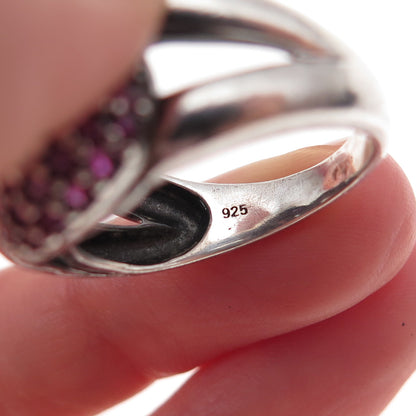 925 Sterling Silver Vintage Real Round-Cut Ruby Interlocked Ring Size 8.25