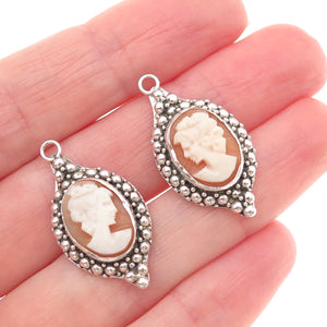 925 Sterling Silver Vintage Real MOP Carved Lady Cameo Beaded Jacket Earrings