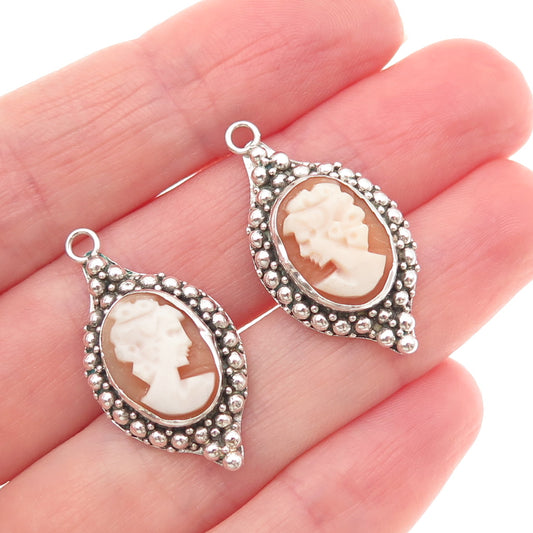 925 Sterling Silver Vintage Real MOP Carved Lady Cameo Beaded Jacket Earrings