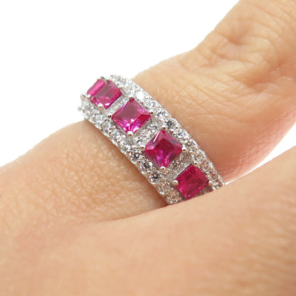 925 Sterling Silver Lab-Created Pink Sapphire & C Z Eternity Ring Size 5.5