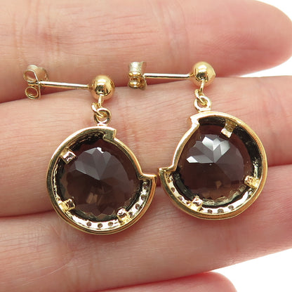 925 Sterling Silver Gold Plated Real Smoky Quartz & C Z Crescent Dangle Earrings