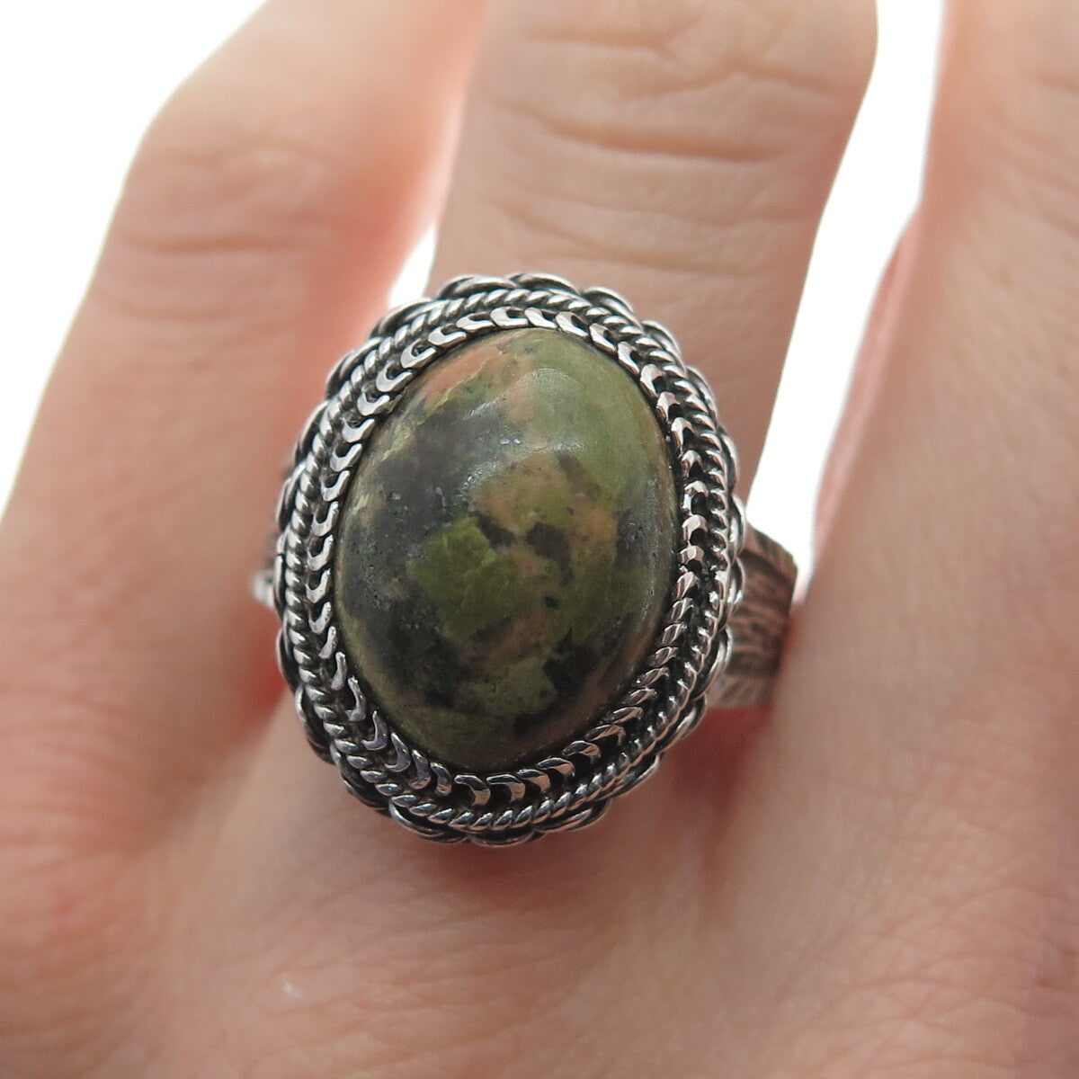925 Sterling Silver Vintage Real Unakite Oxidized Ring Size 9.75