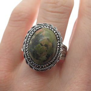925 Sterling Silver Vintage Real Unakite Oxidized Ring Size 9.75