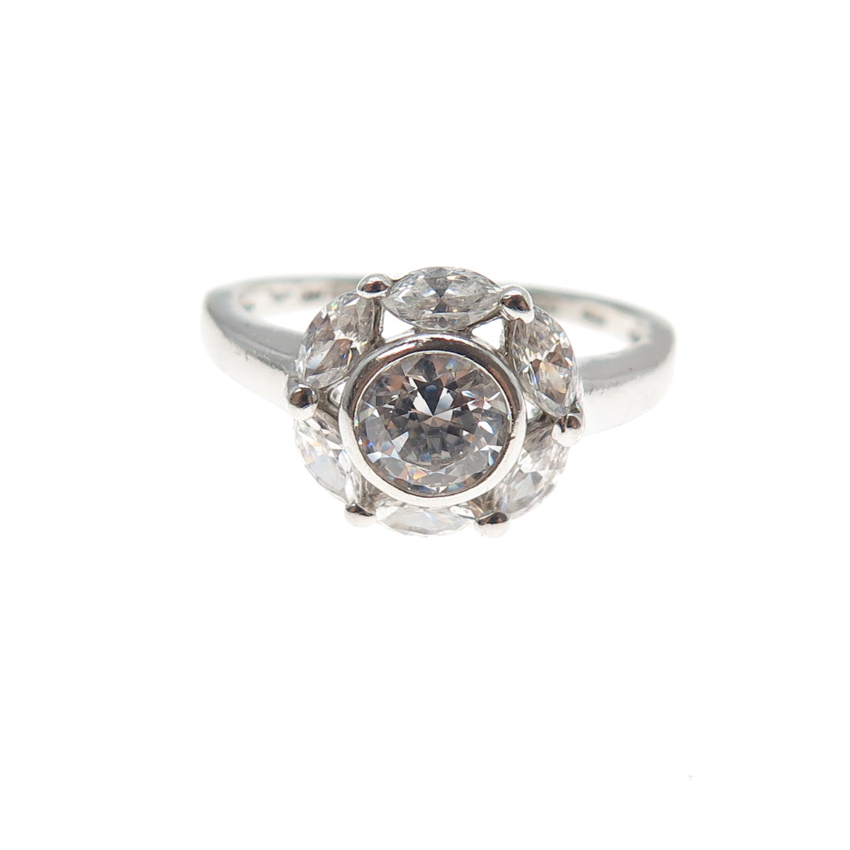 925 Sterling Silver Vintage Round & Marquise-Cut C Z Engagement Ring Size 9.25