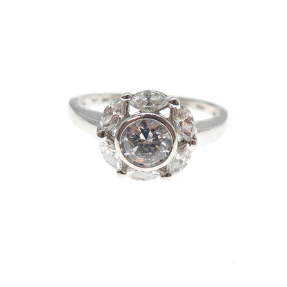 925 Sterling Silver Vintage Round & Marquise-Cut C Z Engagement Ring Size 9.25