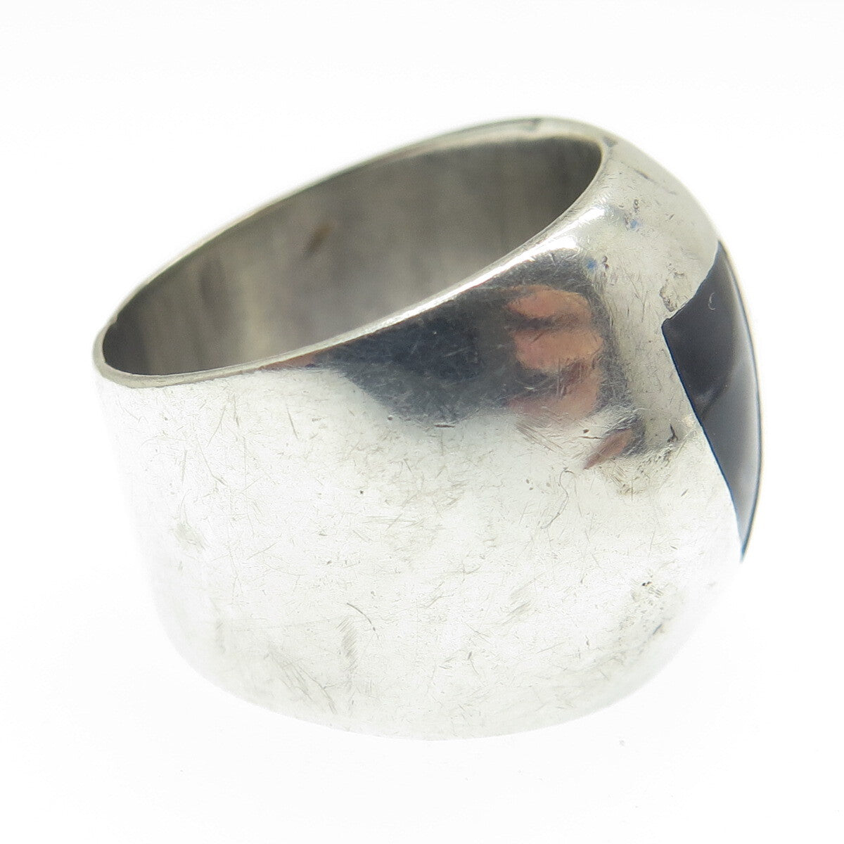 950 Silver Vintage Black Enamel Tribal Wide Ring Size 7