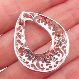 925 Sterling Silver Vintage Ornate Floral Teardrop Slide Charm Pendant
