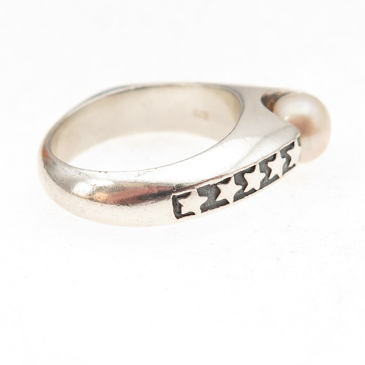 925 Sterling Silver Vintage Real Pearl Star Modernist Oxidized Ring Size 8.5