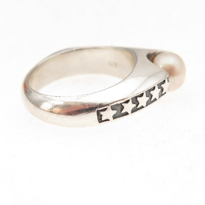 925 Sterling Silver Vintage Real Pearl Star Modernist Oxidized Ring Size 8.5