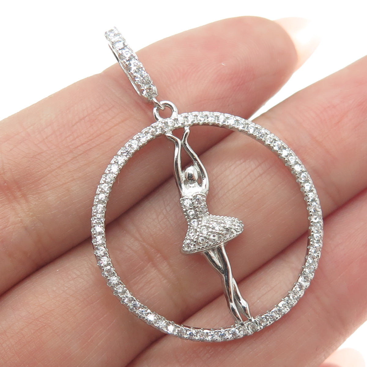 925 Sterling Silver Round-Cut C Z Ballerina Circle Pendant