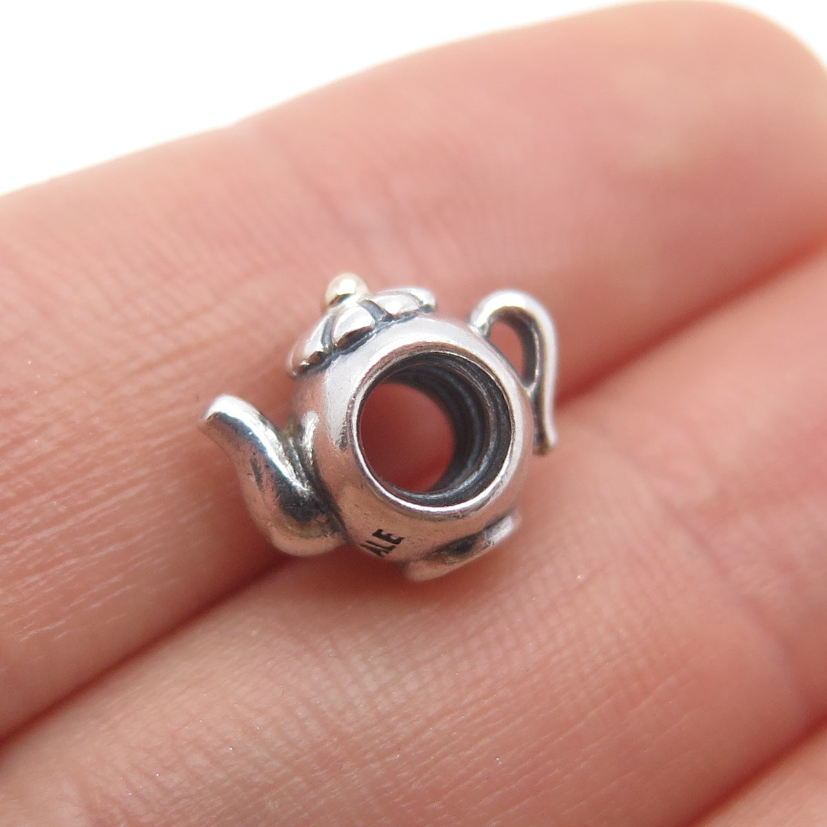 PANDORA 925 Sterling Silver & Gold Teapot Slide Bead Charm