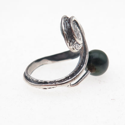 925 Sterling Silver Vintage Real Jade Modernist Adjustable Ring Size 7.5