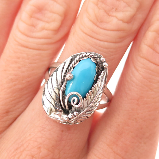 925 Sterling Vintage Real Sleeping Beauty Turquoise Feather Ring Size 8.25