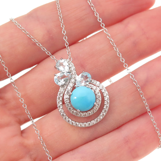 925 Sterling Silver Real Turquoise Blue & White Topaz Cable Chain Necklace 18"