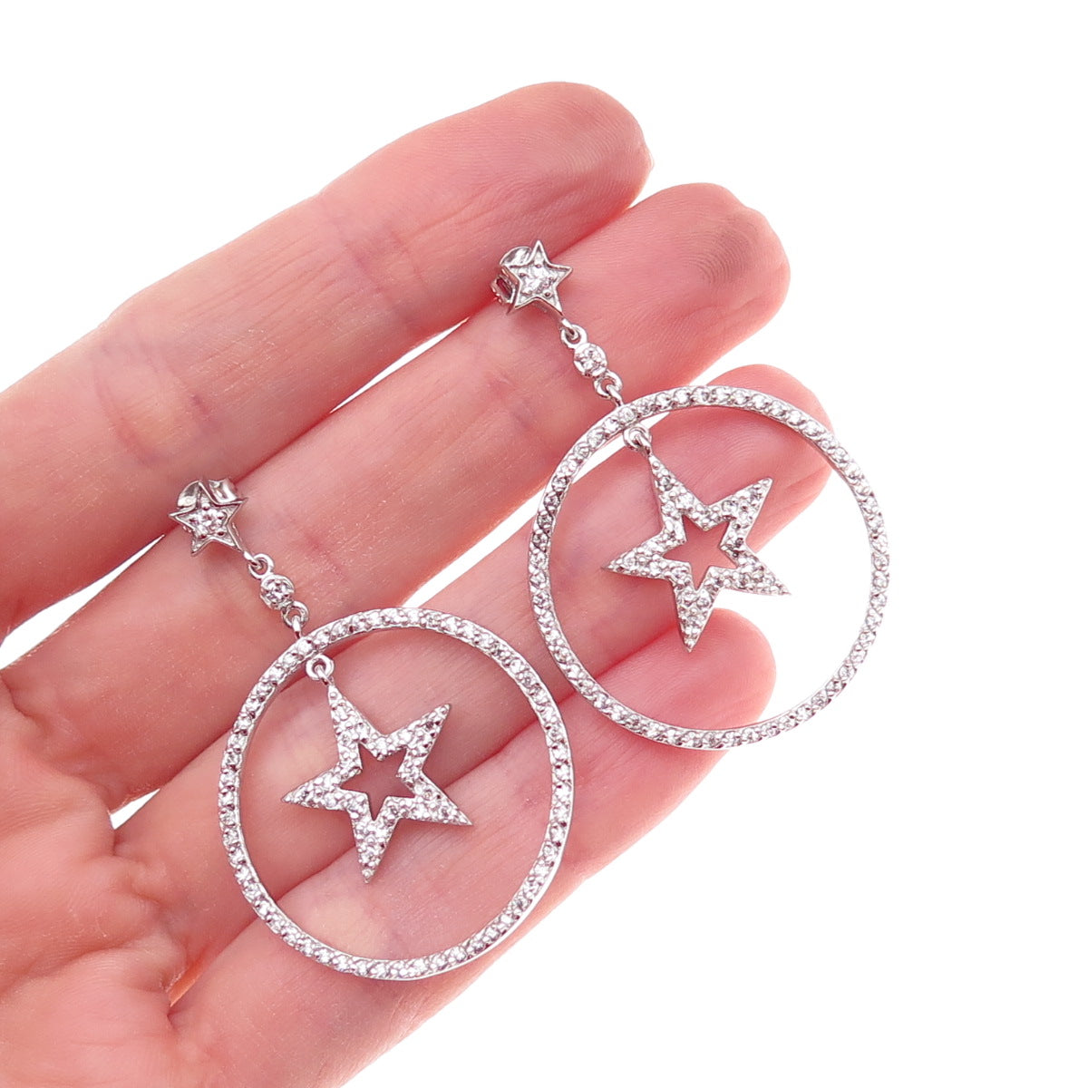 925 Sterling Silver Round-Cut C Z Star Dangle Earrings