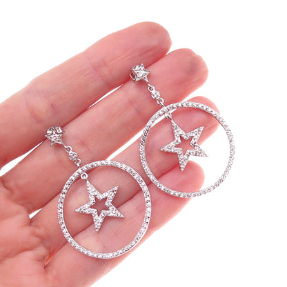 925 Sterling Silver Round-Cut C Z Star Dangle Earrings