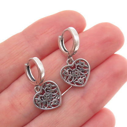 925 Sterling Silver Vintage C Z Heart Oxidized Dangle Earrings