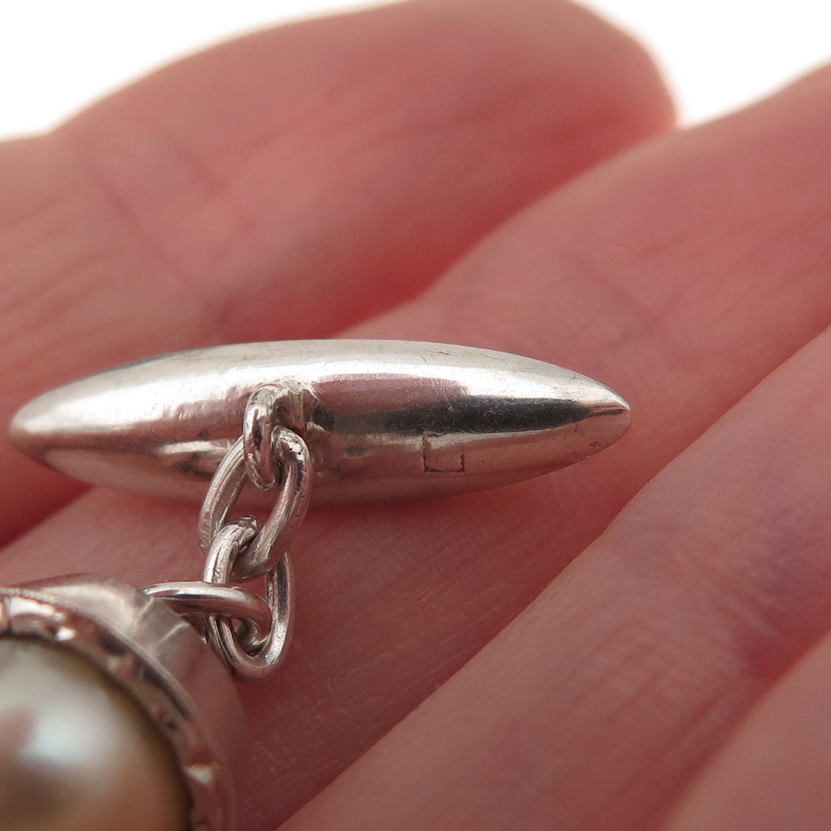 925 Sterling Silver Antique Japan Real Akoya Pearl Chain Cufflinks