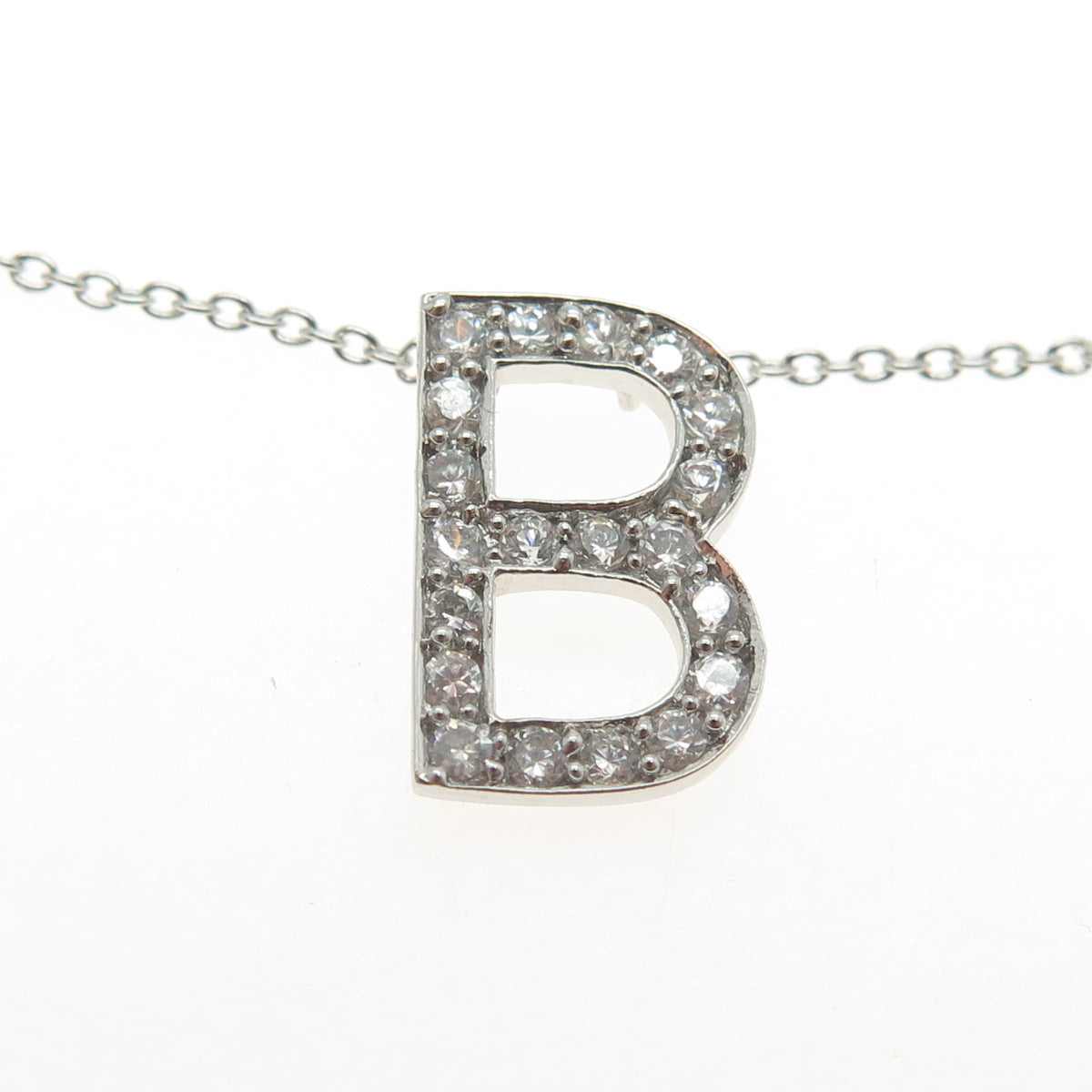 925 Sterling Silver Round-Cut C Z Letter "B" Initial Cable Chain Necklace 18-20"