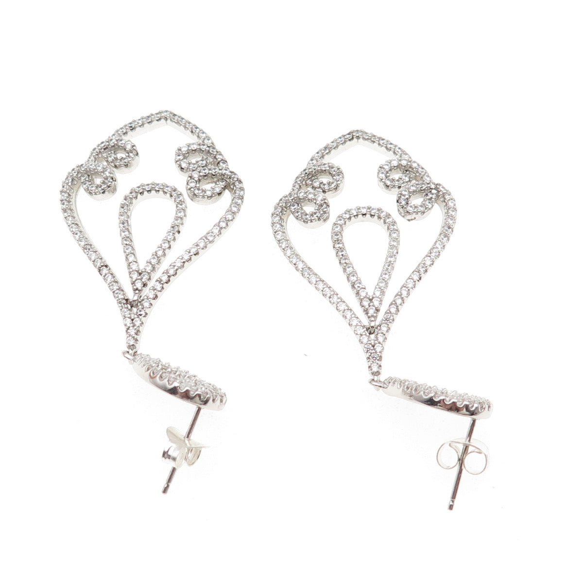 925 Sterling Silver Round-Cut C Z Ornate Dangle Earrings