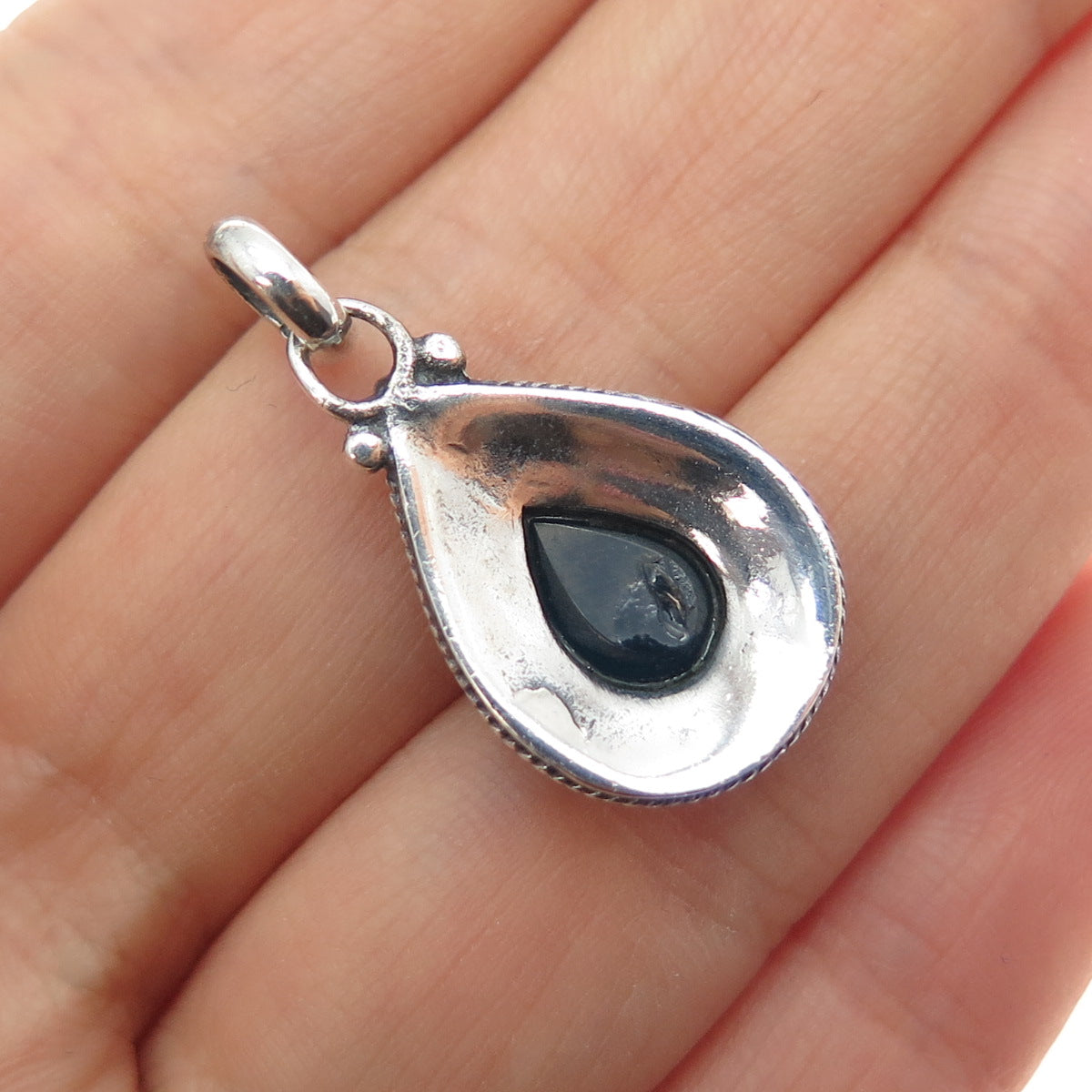 925 Sterling Silver Vintage Blue Enamel Teardrop Oxidized Charm Pendant