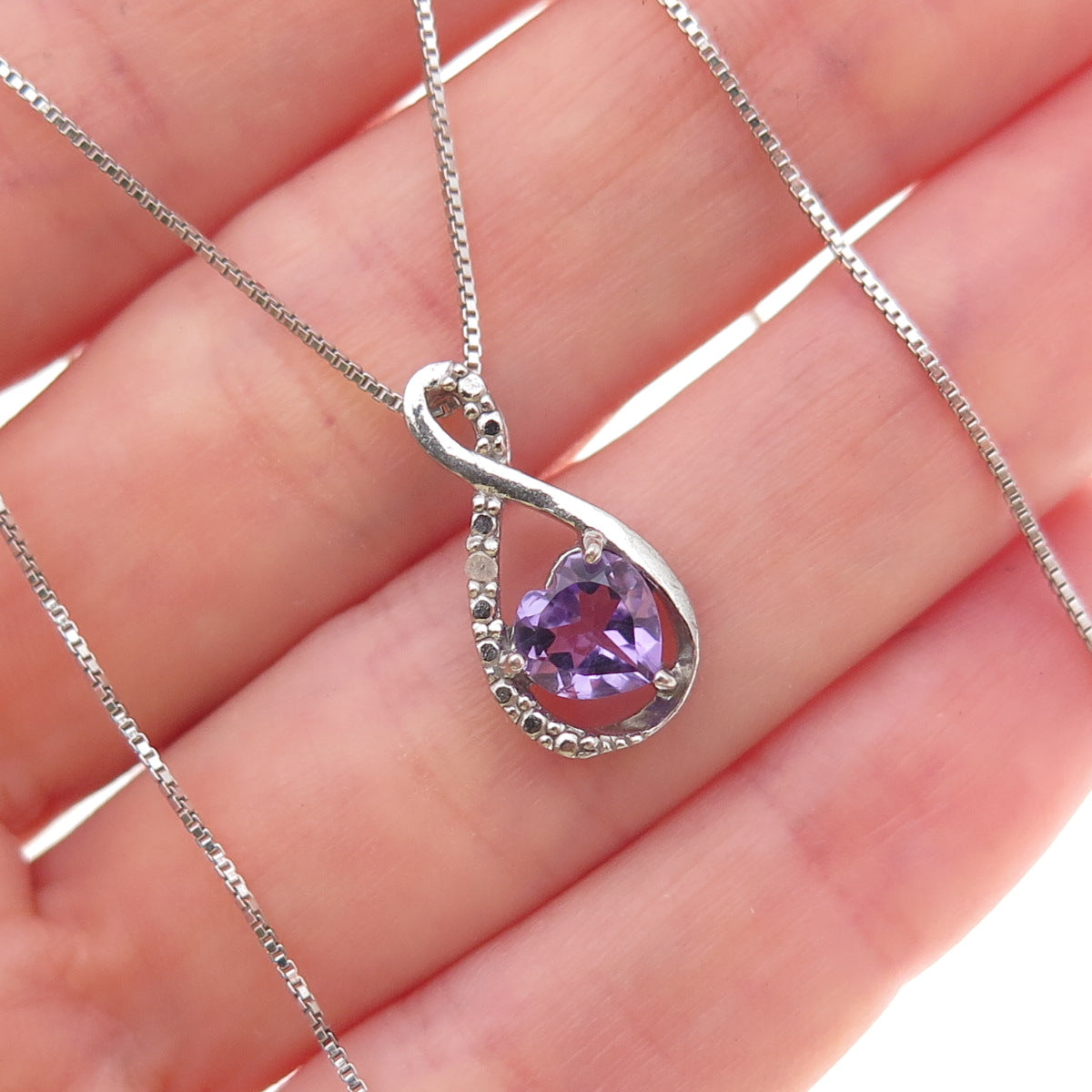925 Sterling Silver Real Diamond & Amethyst Infinity Box Chain Necklace 18"